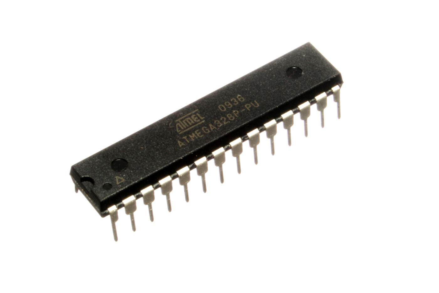 A standalone black 28-pin DIP integrated circuit, marked ATMEGA328P-PU, on a white background.