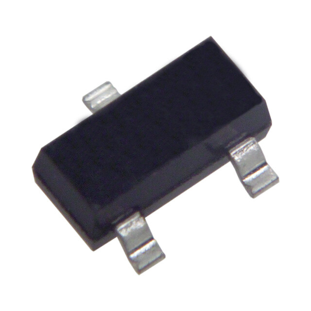 A black SOT-23 transistor package with three flat legs, roughly the size of a grain of rice.