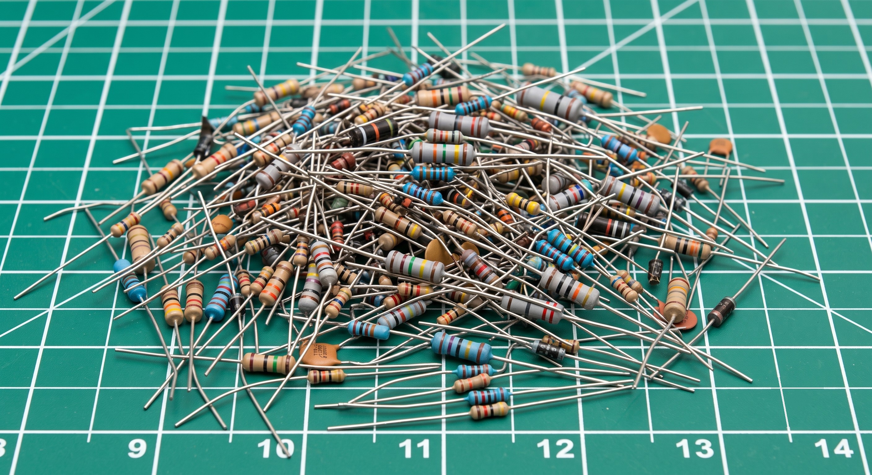 A large pile of through-hole resistors of many values scattered across a green cutting mat, each showing its own sequence of colored bands.